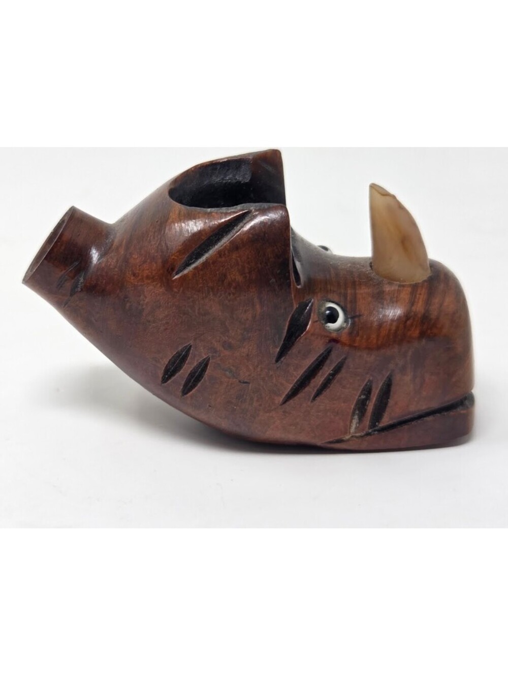 Hand Carved Wooden Rhino Head Pipe Marked MMW Decorative Smoking 4in